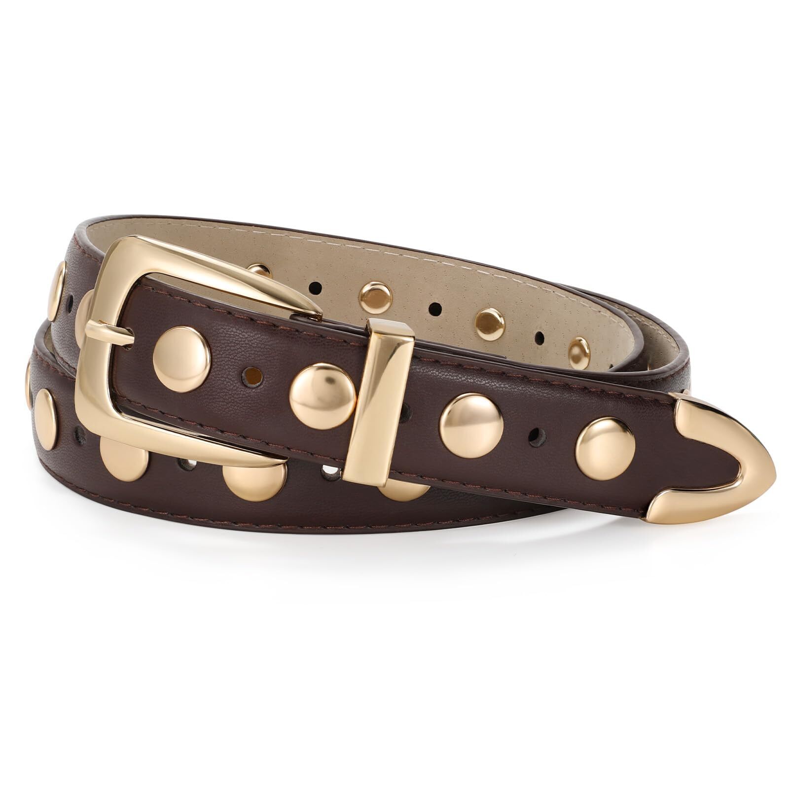 5234 Women Leather Belt Fashion Studded Ladies Punk Gold Buckle